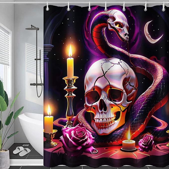 AILONEN Gothic Skull Shower Curtain for Bathroom,Terror Snake Skull Bath Curtain Decoration,Starry Skull Skeleton Print Waterproof Purple Curtain with 12 Plastic Hooks, 72" W*78" H