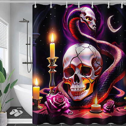 AILONEN Gothic Skull Shower Curtain for Bathroom,Terror Snake Skull Bath Curtain Decoration,Starry Skull Skeleton Print Waterproof Purple Curtain with 12 Plastic Hooks, 72" W*78" H