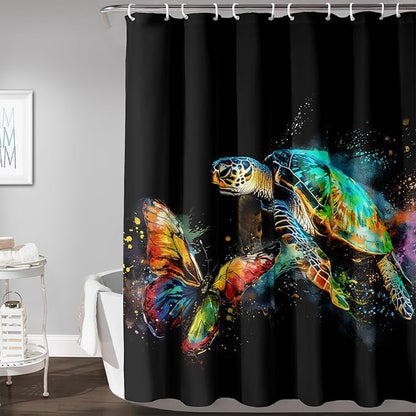 AILONEN Sea Turtle Shower Curtain, Tie Dye Turtle and Butterfly Bathroom Curtain,Minimalist Black Bath Curtain 72" W*96" H Polyester Waterproof Bathroom Curtain with 12 Hooks