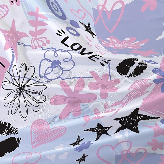 AILONEN Love Lipstick Shower Curtain,Stars with Flowers Theme Waterproof Fabric Shower Curtain Set for Girls Boys Kids Teens, 72" W*72" H Purple Graffiti Shower Curtain Set