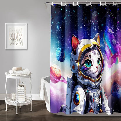 AILONEN Cartoon Astronaut Cat Shower Curtain Set for Kids Boys, Rainbow Rocket Waterproof Fabric Shower Curtain Curtain for Bathroom,Joyful Cat Galaxy Planet Shower Curtain Liner,72" W*72" H