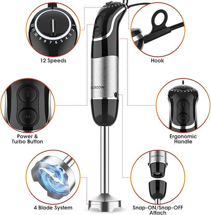 Corded Immersion Blender Handheld for Kitchen,Stainless Steel Emulsion Blender Handheld with Hook,Electric Hand Mixer with 12-Speed&Turbo,for Smoothie,Soup,Baby Food and Drinks