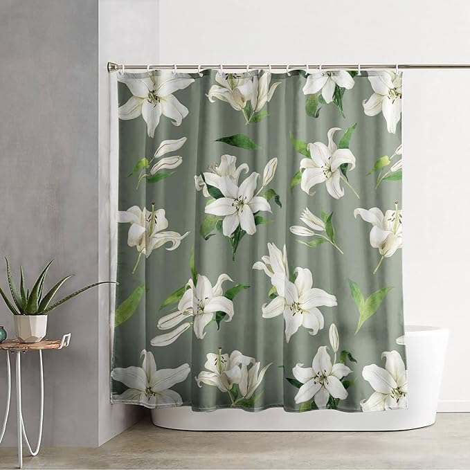 AILONEN Flower Shower Curtain, Vintage Garden Lilies Theme Waterproof Fabric Shower Curtain Set,Green Spring Flowers Bathroom Decor for Teen Girls Women,60" W*72" H
