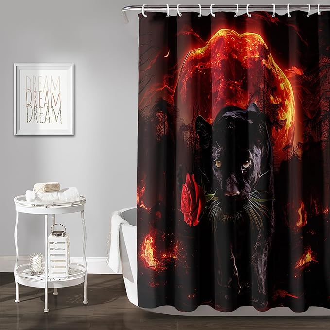 AILONEN Black Panther Shower Curtain,Evening Moon Flame Leopard Bath Curtain for Kids Men,Wildlife Animal Polyester Waterproof with 12 Plastic Hooks 60" W*72" H