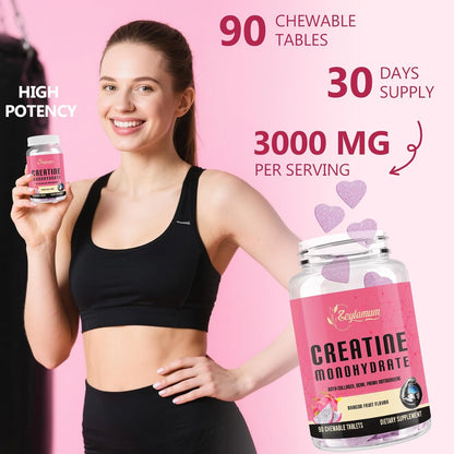 Creatine for Women | with Hydrolyzed Collagen, BCAA | 3g Creatine Chews for Women Booty Gain, Lean Muscles, Recovery & Energy, Vegan, Sugar Free Creatine, Powder Alternative, 30 Servings