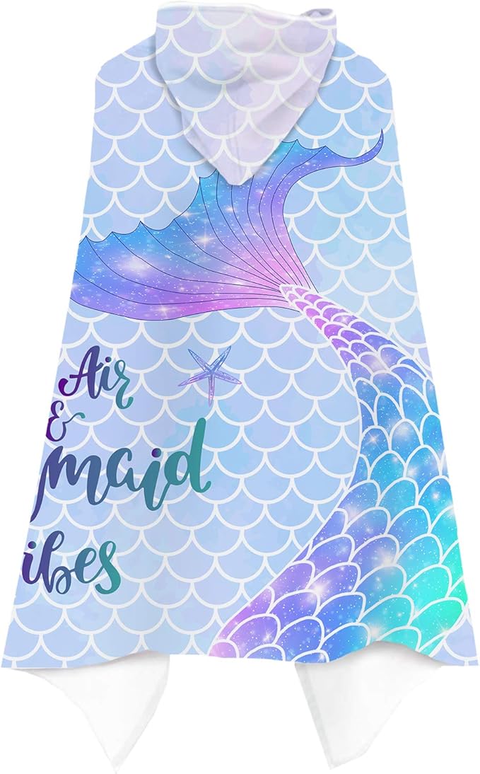 Mermaid Kids Hooded Beach Towel, Mermaid Tail Microfiber Hooded Poncho Towel for Girls 30”x50”, Mermaid Scales Pink Soft Absorbent Bath Towels Bathrobe with Hood for Swin Pool
