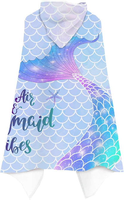 Mermaid Kids Hooded Beach Towel, Mermaid Tail Microfiber Hooded Poncho Towel for Girls 30”x50”, Mermaid Scales Pink Soft Absorbent Bath Towels Bathrobe with Hood for Swin Pool