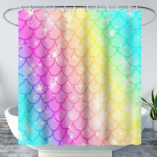 AILONEN Mermaid Scale Shower Curtain,Rainbow Mermaid Scale Bath Curtain Gifts for Girls,Polyester Waterproof for Bathroom with 12 Plastic Hooks 72" W*78" H