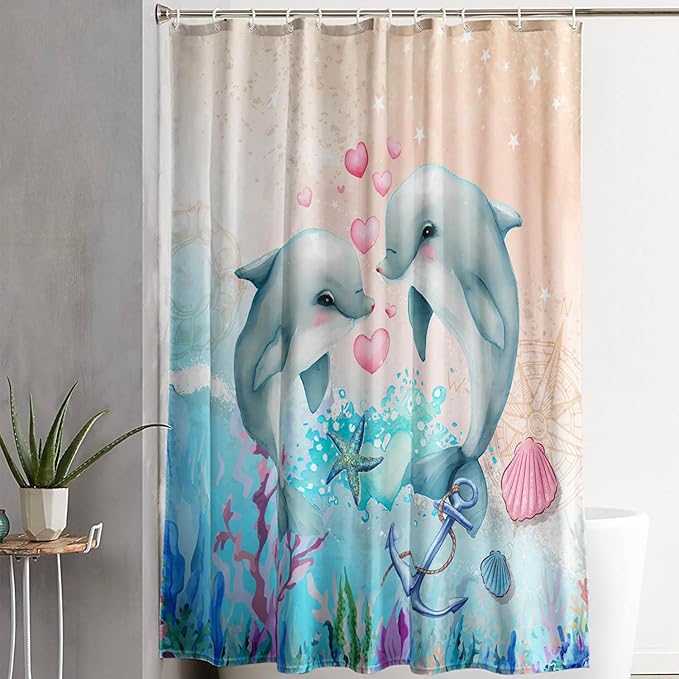 AILONEN Catrtoon Dolphin Shower Curtain Bathroom 36" W*72" H Kawaii Jumping Dolphin Curtain Cloth Fabric Bathroom for Kids Girls,Ocean Theme Shower Curtain Set