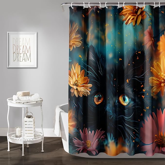 AILONEN Cute Black Cat Shower Curtain Set, Yellow Flower Kitty Cloth Shower Curtain Curtain for Bathroom,Cat Lovers Animal Shower Curtain Liner for Kids Boys Girls,36" W*72" H