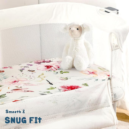 Stretch Ultra Soft Fitted Bassinet Sheet Set 3 Pack, Universal Fit for Bassinets Baby Cradle Moses Basket Oval Rectangle Mattress Safe and Snug, Beautiful Flowers and Insects Pattern for Baby Girls