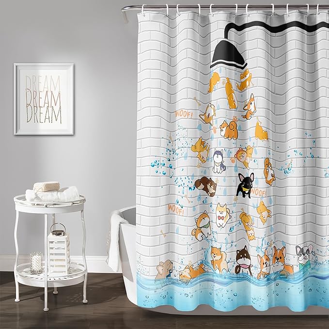 AILONEN Cute Corgi Shower Curtain for Kids 72" W*96" H Inch,Funny Dog Cartoon Corgi Animals Playing Water Shower Curtains,12 Pack Hooks Polyester Waterproof Fabric Decor for Bathroom Bathtub Panels