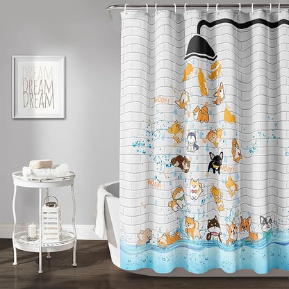AILONEN Cute Corgi Shower Curtain for Kids 72" W*96" H Inch,Funny Dog Cartoon Corgi Animals Playing Water Shower Curtains,12 Pack Hooks Polyester Waterproof Fabric Decor for Bathroom Bathtub Panels