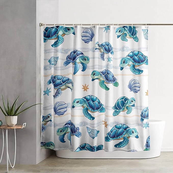 AILONEN Cute Sea Turtle Shower Curtain Set for Bathroom,Cartoon Turtle with Cowry Bath Curtain,Kawaii Ocean Animal Theme Waterproof Fabric Shower Curtain with Hooks,48" W*72" H
