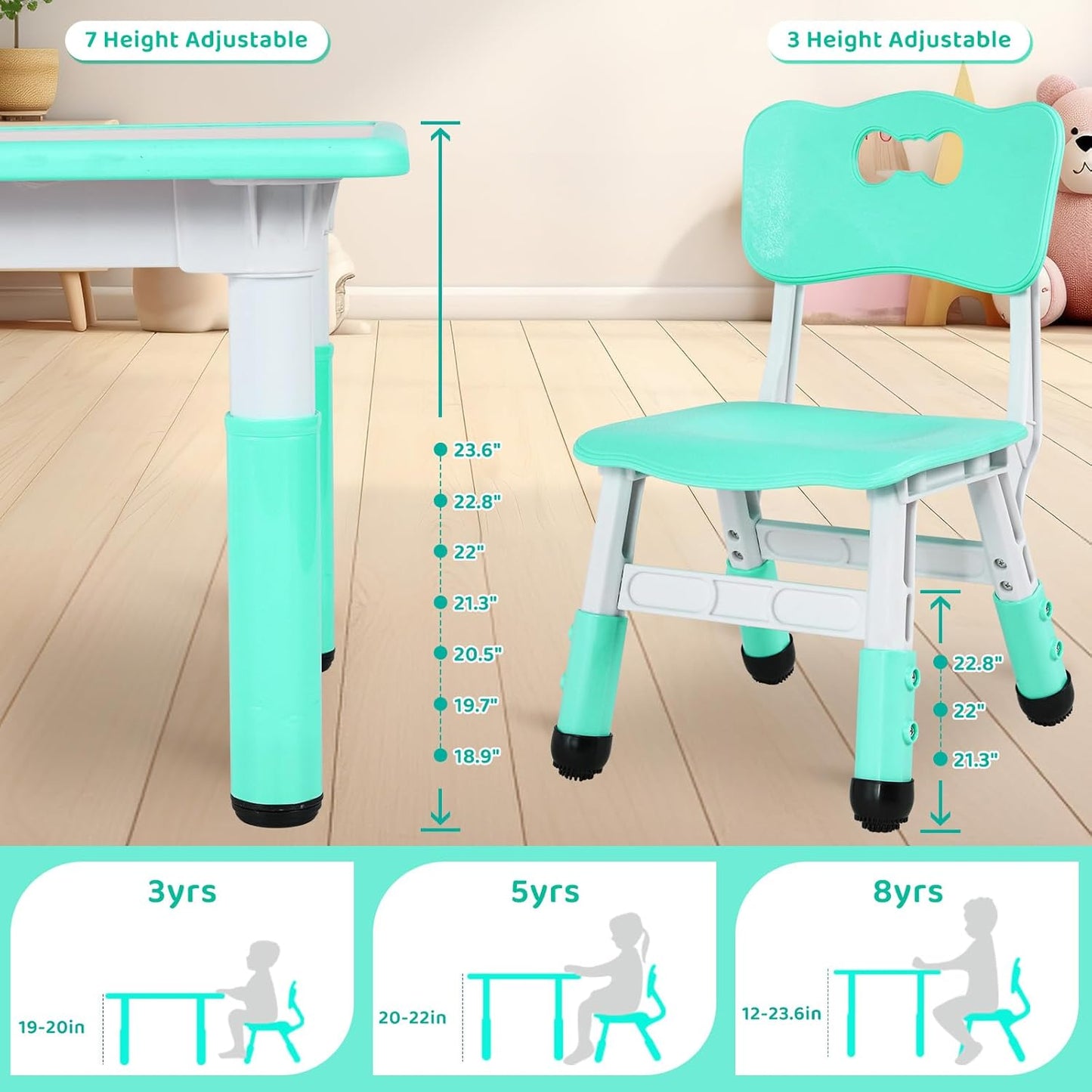 Kids Table and 6 Chairs Set, Height Adjustable Graffiti Desk, Preschool Activity Art Craft Table, for Daycare Classroom Home Boys and Girls Age 3-12 (Light Green)