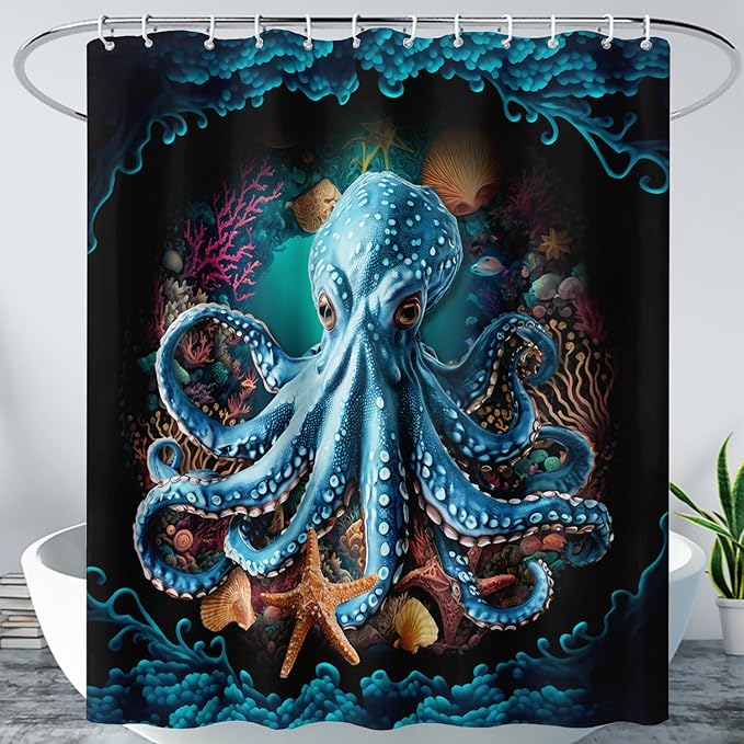 AILONEN Cartoon Blue Octopus Shower Curtain for Bathroom,Funny Octopus Bath Curtain for Kids,Boys,Girls,Ocean Animal Starfish Theme Waterproof Fabric Shower Curtain Set with Hooks,48" W*72" H