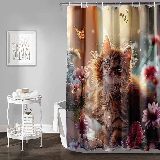 AILONEN Kawaii Cat Shower Curtain Set, Beautiful Kitty with Butterfly Waterproof Fabric Shower Curtain for Kids Boys,Cat Lovers Animal Design Shower Curtain for Bathroom,72" W*78" H
