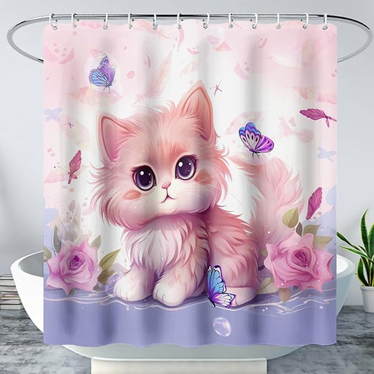 AILONEN Cute Cat Shower Curtain for Kids Boys,Kawaii Kitten and Butterfly Fabric Shower Curtains for Bathroom,Big Eye Pink Cat Polyester Cloth Bath Curtain Set, 72" W*72" H Pink