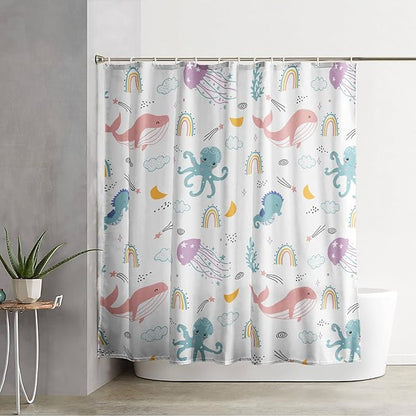 AILONEN Cartoon Dolphin Shower Curtain for Kids 36" W*72" H Inch,Cute Seahorse Rainbow Octopuses Shower Curtain,Ocean Life Theme 12 Pack Hooks Polyester Waterproof Fabric Decor for Bathroom