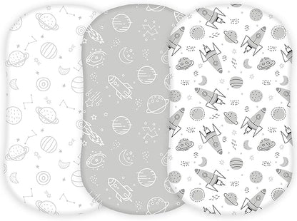 TansyPanda Bassinet Sheets for Halo Bassinest Swivel, Flex, Glide, Premiere and Luxe Series Sleeper, Pack of 3, 33 X 17 Inch, Ultra Soft and Snug Fit, Unisex Boys Girls, Gray White (Space Rockets)