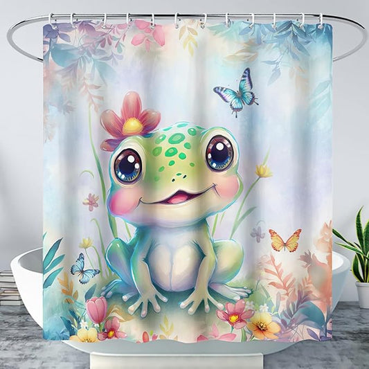 AILONEN Cartoon Frog Shower Curtain,Kawaii Frog Waterproof Fabric Bath Curtain for Kids Girls,Watercolor Blue Flower with Butterfly Shower Curtain Set for Bathroom with Hooks,48" W*72" H