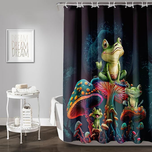 AILONEN Frog Mushroom Shower Curtain Cartoon Animal Wildlife Frog Mystic Black Sky Red Mushroom Minimalist Modern Art Shower Curtain Bathroom Decor Curtains with 12 Hooks,Green 72" W*78" H