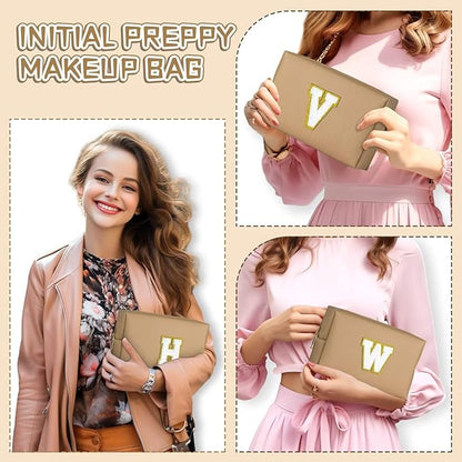 TOPEAST Preppy Makeup Bag, Personalized Initial Bags with Zipper, Cute Makeup Pouch, PU Leather Waterproof Cosmetic Bag, Birthday Gift for Daughter, Preppy Things for Girls (Khaki A)