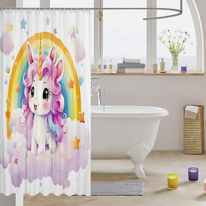 Feelyou Cute Unicorn Fabric Shower Curtain Kids Rainbow Bathroom Waterproof Accessories with 12 Hooks for Boys Girls Bright Colorful Shower Curtain Star Cloud Curtains,72x84 Inches