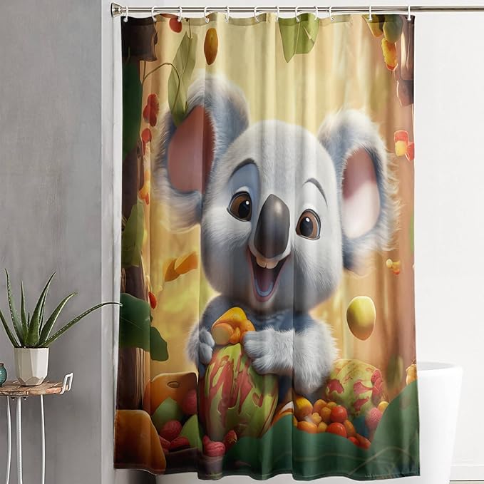AILONEN Cartoon Koala Shower Curtain for Kids,Kawaii Fruit Koala Shower Curtain for Bathroom,Girls,Lovely Animals Shower Curtain Set with Hooks,60" W*72" H