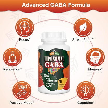 Liposomal GABA with L-Theanine Supplements 1200mg - High Absorption GABA Complex with Ashwagandha, Chamomile, Tart Cherry Herbal Supplements for Men and Women, 60 Softgels