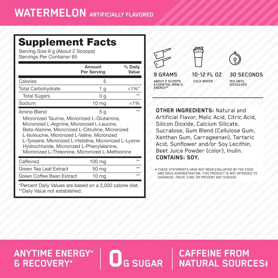 Optimum Nutrition Amino Energy - Pre Workout with Green Tea, BCAA, Amino Acids, Keto Friendly, Green Coffee Extract, Energy Powder - Watermelon, 65 Servings 