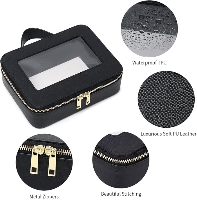 Clear Makeup Bag for Women Waterproof Travel Makeup Case Portable Cosmetic Case Toiletry Bag Car Organizer with Zipper (Black, L)