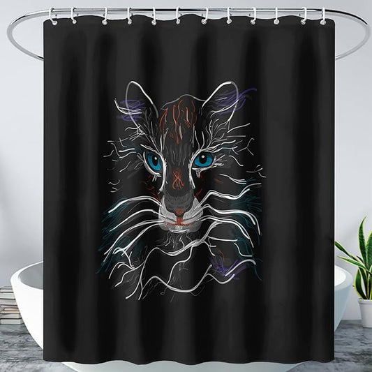 AILONEN Cat Shower Curtain for Kids Teens,Colorful Line Cat Bath Curtain for Bathroom,Animal Polyester Waterproof with 12 Plastic Hooks 72" W*78" H