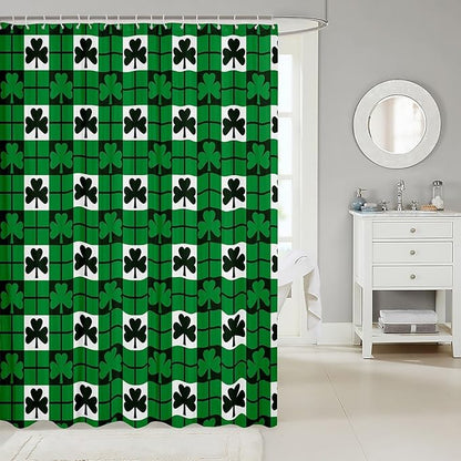 Manfei Green Leaf Kids Shower Curtains,Happy St. Patrick's Day Irish Holiday Bathroom Curtains for Girls Boys,Geometric Plaids Grids Patchwork Rustic Waterproof Curtains,12 Hooks Suits,72" W x 84" L