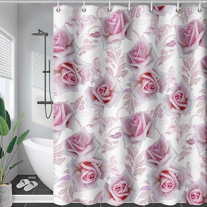 AILONEN Girls Rose Shower Curtain 48" W*72" H, Pink Rose Shower Curtain with 12 Hooks,Waterproof Floral Shower Curtain for Bathroom,Romantic Flower Pink Shower Curtain
