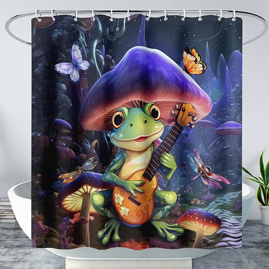 AILONEN Frog Mushroom Shower Curtain,Guitar Frog Amphibious Animal Waterproof Fabric Bath Curtain for Kids Girls,Boho Magic Mushroom Shower Curtain Set for Bathroom with Hooks,48" W*72" H
