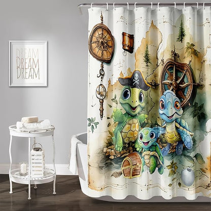 AILONEN Cartoon Sea Turtle Shower Curtain,Kawaii Turtle Bathroom Curtains for Kids,Girls,Nautical Compass Anchor Shower Curtains Set with Hooks for Bathroom,36" W*72" H