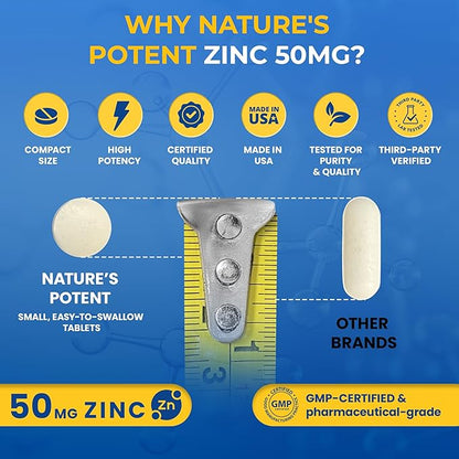 Zinc 50mg [High Potency] Supplement - Immune Support System from Natural Zinc (Oxide/Citrate) 100 Tablets, Made by Nature’s Potent.