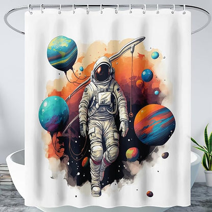 AILONEN Astronaut Shower Curtain for Bathroom,Planet Spaceman Bath Curtain for Kids Boys Teens,Universe Polyester Waterproof with Plastic Hooks 36" W*72" H