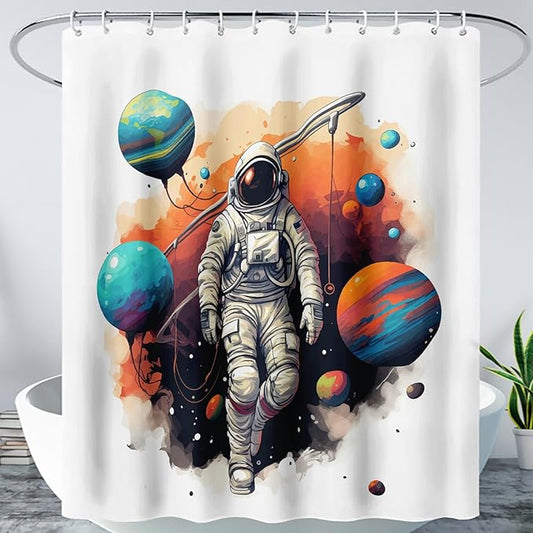 AILONEN Astronaut Shower Curtain for Bathroom,Planet Spaceman Bath Curtain for Kids Boys Teens,Universe Polyester Waterproof with 12 Plastic Hooks 72" W*84" H
