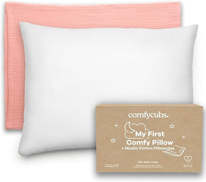 Comfy Cubs Toddler Pillow with Soft Muslin Pillowcase, 13"x18", Blush - Kids Pillow for Sleeping & Travel - Adorable & Comfortable Small Pillow - Kids Travel Pillow with Breathable Microfiber Fill