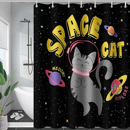 AILONEN Kawaii Cat Shower Curtains,Galaxy Aerospace Cat Bath Curtain for Bathroom,Outer Space Polyester Waterproof with 12 Plastic Hooks 48" W*72" H