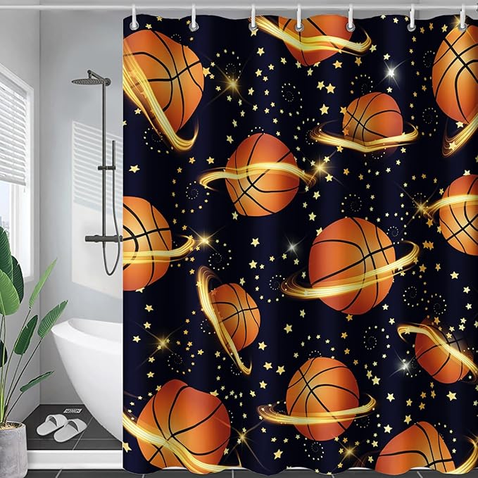 AILONEN Sports Basketball Shower Curtain for Bathroom, Space Planet Ball Print Bath Curtain,Yellow Star Basketball Kids Boys Bathroom Decor Waterproof 72" W*96" H Inch with 12 Plastic Hooks