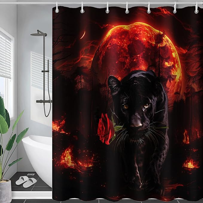 AILONEN Black Panther Shower Curtain,Evening Moon Flame Leopard Bath Curtain for Kids Men,Wildlife Animal Polyester Waterproof with 12 Plastic Hooks 72" W*84" H