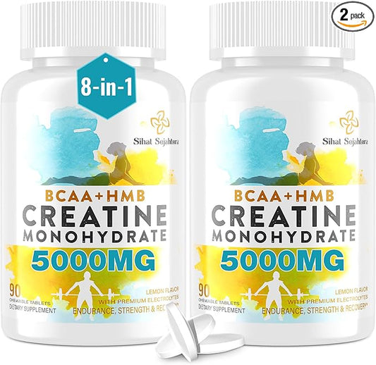 8-in-1 Creatine Monohydrate with BCAA & HMB, 5000 mg for Men & Women, Creatine Chews for Muscle, Recovery, Endurance & Strength, High Absorption, Lemon Flavor, Sugar-Free, 180 Tablets