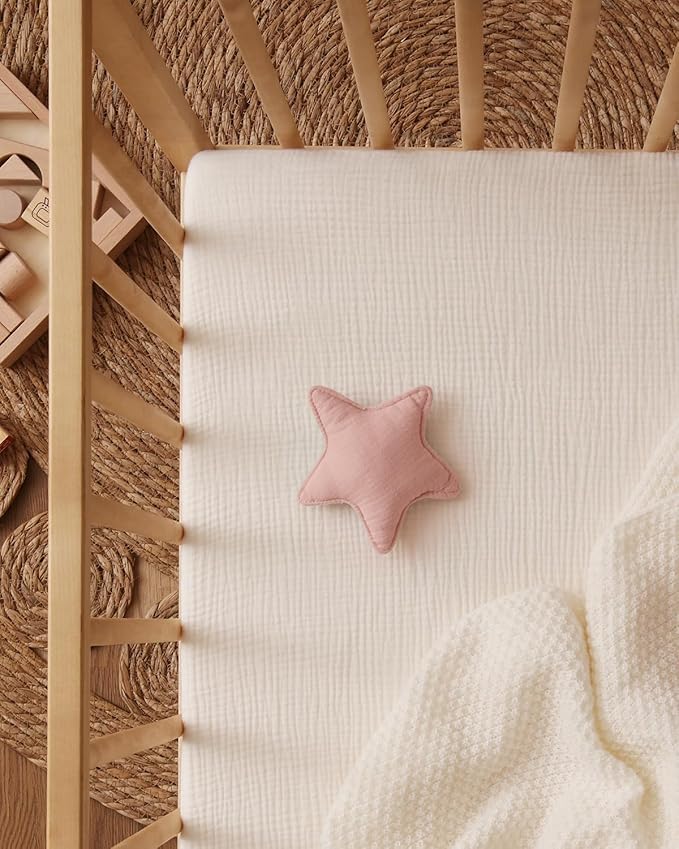 Blissful Diary Muslin Mini Crib Sheets, Pack and Play Mattress Sheets Fitted for Pack N Play, Soft Cotton for Boys Girls, 2 Pack(Dusty Pink&Cream)