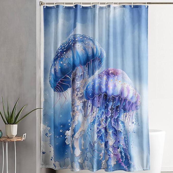 AILONEN 3D Jellyfish Shower Curtain,Beautiful Jellyfish Shower Curtain for Bathroom,Watercolor Blue Ocean Waterproof Fabric Shower Curtain Set with Hooks,72" W*84" H
