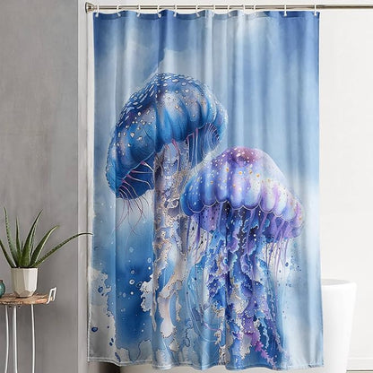 AILONEN 3D Jellyfish Shower Curtain,Beautiful Jellyfish Shower Curtain for Bathroom,Watercolor Blue Ocean Waterproof Fabric Shower Curtain Set with Hooks,72" W*96" H