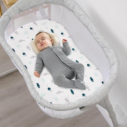 Bassinet Fitted Sheets 4 Pack Compatible with Halo Bassinest Swivel, Flex, Glide, Premiere and Luxe Series Sleeper, Ultra Soft and Skin-Friendly, Aqua Dinosaurs & White Ocean