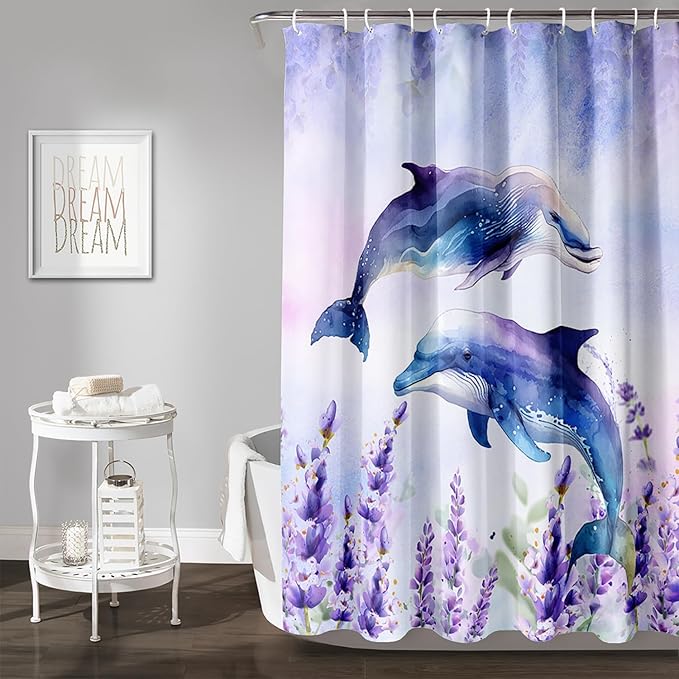 AILONEN Watercolor Dolphin Shower Curtain, Cute Dolphin Lavender Flower Bath Curtain,Modern Minimalist Purple Waterproof Fabric Shower Curtain Set with Hooks 72" W*96" H